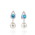 wholesale S925 Sterling Silver Fashion Pearl Jewelry, Teardrop Shape Inlaid with Diamond and Blue Zircon Earrings for Women, Factory Wholesale-0-4