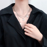 wholesale 925 Sterling Silver Smiley Face Pendant Necklace for Women, Ins Minimalist and Versatile Korean-style Multi-layer Personalized Fresh Long Layered Chain-YL006/approx. 24.5g 925 silver