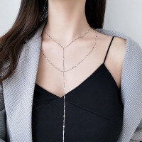 wholesale S925 Sterling Silver Necklace, Internet-Famous Circular Sequins Short Oval Double-Layer Line Minimalist Fringe D6719-S925 silver necklace silver model 925 silver