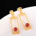 wholesale 925 Sterling Silver Plated Gold Vintage Chinese Style Earrings with Certificate, Featuring Window Paper-Cut Design and Inlaid with South Red Agate-0-0