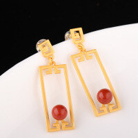 wholesale 925 Sterling Silver Plated Gold Vintage Chinese Style Earrings with Certificate, Featuring Window Paper-Cut Design and Inlaid with South Red Agate-Red Dot Earrings (with certificate) >925 Silver