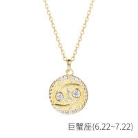wholesale S925 Sterling Silver Euro American Coin Round Pendant Necklace For Women Ins 12 Zodiac Constellation Collarbone Chain-YA0084_Cancer 925 Silver