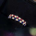 wholesale S925 Silver Red and Blue Sapphire Thin Ring, Fashionable and Individualistic Ring, Delicate Row of Diamonds Ring, Minimalist Style, Trendy Ins Ring-0-3
