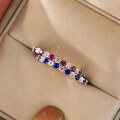 wholesale S925 Silver Red and Blue Sapphire Thin Ring, Fashionable and Individualistic Ring, Delicate Row of Diamonds Ring, Minimalist Style, Trendy Ins Ring-0-0