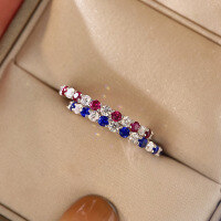 wholesale S925 Silver Red and Blue Sapphire Thin Ring, Fashionable and Individualistic Ring, Delicate Row of Diamonds Ring, Minimalist Style, Trendy Ins Ring-Red 9