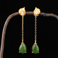 wholesale 925 Sterling Silver Inlaid with Hetian Jasper Jade Waterdrop Earrings, New Chinese Style National Trend Antique Gold-Plated, with Certificate-Jadeite Teardrop Earrings (with certificate)  925 silver gold-plated