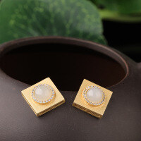 wholesale 925 Silver Gold-Plated with Geometric Hetian White Jade and Jasper Earrings for Women, Comes with Certificate, Wholesale-6mm White Jade Model (with certificate)  925 Silver Gold Plated