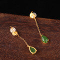wholesale 925 Sterling Silver Inlaid with Hetian Jasper Jade Waterdrop Earrings, New Chinese Style National Trend Antique Gold-Plated, with Certificate-0-3
