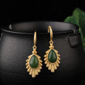 wholesale Vintage Chinese style 925 gold-plated silver feather inlaid with Hetian jadeite waterdrop earrings with certificate-0-1