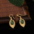 wholesale Vintage Chinese style 925 gold-plated silver feather inlaid with Hetian jadeite waterdrop earrings with certificate-0-3