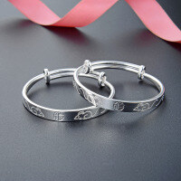 wholesale S999 Pure Silver Ethnic Style Zodiac Rat Year Push-Pull Children's Bangle for Babies-A pair of children's bracelets (approximately 24.9g)  999 silver