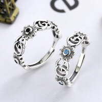 wholesale 925 Sterling Silver Double Letter Vintage Brand Women's Petal Ring Fashionable Zircon Hip-Hop Punk-YJ065/B Black Stone about 2.2g &gt; Adjustable