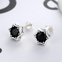 wholesale S925 Sterling Silver Korean Japanese Style Retro Personality Black Diamond Hexagonal Star Earrings Men's Fashion Ear Accessories-YR003/2.2g/pair 925 silver