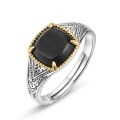wholesale S925 silver two-tone electroplated vintage style natural black agate classical pattern seal ring for women, ins-0-5