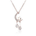 wholesale S925 Sterling Silver Rose Gold Plated Diamond-Embedded Star and Zircon Moon Pendant Necklace, Korean Style Sweet Trendy Chain Set-0-4