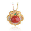 wholesale 925 Silver Gold-Plated Antique Style Pendant Necklace with Auspicious Gold Lock Inlaid with Nanhong Agate, Hetian Jade, and Jasper-0-8