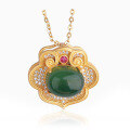 wholesale 925 Silver Gold-Plated Antique Style Pendant Necklace with Auspicious Gold Lock Inlaid with Nanhong Agate, Hetian Jade, and Jasper-0-7