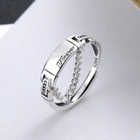 wholesale S925 Sterling Silver Open-End Ring for Women, Vintage Distressed Style, Trendy and Fashionable Ins-Inspired Letter Chain Ring-YJ084/about 2g Adjustable opening
