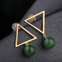 wholesale Metal: 925 Silver Gold Plated Manufacturer Direct Supply Minimalist Geometric Earrings with Certificate, 8mm Jasper Beads Asymmetric Triangle Earrings-8mm Jasper Bead Asymmetrical Triangle Earrings (with certificate)  925 Silver