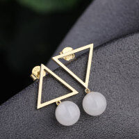 wholesale Metal Material: 925 Silver Gold Plated Manufacturer Dropshipping Minimalist Earrings with Certificate Asymmetric Triangle Bead Hetian Jade Earrings-8mm white jade bead asymmetrical triangle earrings (with certificate)  925 silver gold plated
