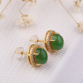 wholesale [Gold Plated 925 Sterling Silver] Simple Retro Jade Earrings, Luxury Green Jade Studs, Inlaid Cabochon Hetian Jade Earrings-0-1