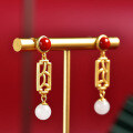 wholesale Gold-plated 925 Silver Retro Palace-style Hollow-carved White Jade Earrings with South Red Agate and Certificate-0-5
