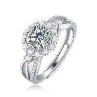 S925 Silver Moissanite Six-Claw Light Luxury Adjustable Ring-R10717 Moissanite, 1 carat/6.5mm