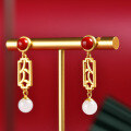 wholesale Gold-plated 925 Silver Retro Palace-style Hollow-carved White Jade Earrings with South Red Agate and Certificate-0-0