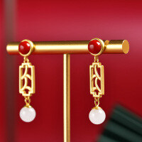 wholesale Gold-plated 925 Silver Retro Palace-style Hollow-carved White Jade Earrings with South Red Agate and Certificate-Hollow Earrings 925 Silver