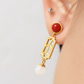 wholesale Gold-plated 925 Silver Retro Palace-style Hollow-carved White Jade Earrings with South Red Agate and Certificate-0-2