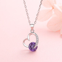 wholesale S925 Sterling Silver Korean Style Sweet Diamond-Inlaid Heart Clip with Purple Zircon Necklace for Women, Elegant Heart Pendant Necklace for Women-YF001/Platinum/Single Pendant 925 Silver
