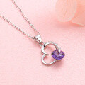 wholesale S925 Sterling Silver Korean Style Sweet Diamond-Inlaid Heart Clip with Purple Zircon Necklace for Women, Elegant Heart Pendant Necklace for Women-0-1