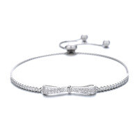 wholesale Sterling Silver Plated with White Gold and Inlaid with Diamond Adjustable Bow Bracelet, Ins Niche Design Bangle for Students-YG001/white gold about 3.7 grams 925 silver