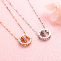 wholesale Sterling silver lightweight luxury women's necklace with minimalist double rotating circles, delicate and unique ins-style design, understated yet elegant collarbone chain-YD010/Rose gold about 3.32g 925 silver