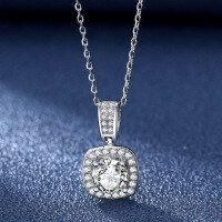 wholesale S925 Sterling Silver & PT950 Platinum Plated Moissanite Square Pendant Necklace for Women, Fashionable Collarbone Chain with Micro-Pave Setting-1 carat (zircon) necklace>925 silver