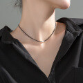 wholesale S925 silver black leather rope necklace for women, Korean-style geometric rectangle minimalist collarbone chain D7670-0-3