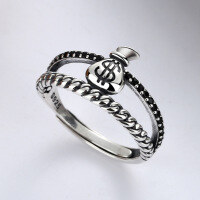 wholesale S925 Sterling Silver Creative Design Money Bag Black Zircon Ring, Vintage Literary and Artistic Minimalist Adjustable Index Finger Ring for Women-YJ102/approx. 2.48g Adjustable opening