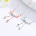 wholesale S925 Sterling Silver Butterfly Necklace for Women, Double Flying Tassel Pendant Collarbone Chain, Ethereal and Forest-Style, Unique Trendy Accessory-0-1
