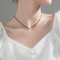 wholesale S925 silver black leather rope necklace for women, Korean-style geometric rectangle minimalist collarbone chain D7670-0-1