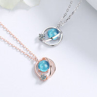 wholesale Pure silver blue crystal stone necklace for women, blue planet moon orbiting Earth, trendy luxury design topaz pendant-YD025/white gold about 2.31 grams 925 silver