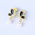 wholesale 925 Silver Korean Dongdaemun Pearl Earrings Ins Black Enamel Butterfly Ear Studs Women Elegant Jewelry Wholesale-0-2