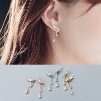 wholesale S925 Sterling Silver Women's Korean Style Fresh Diamond-Inlaid Wing Tassel Long Drop Back Hook Earrings Elegant Jewelry E8290-S925 Silver Rose Gold 925 Silver