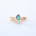 wholesale [9K gold plated S925 silver] Natural teardrop-shaped Swiss blue topaz and white zircon open ring European and American fashion statement ring-0-2