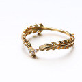 wholesale 9K/14K Gold Leaf Ring for Women, Vintage Feather V-Shaped Stackable Zircon Diamond Pinky Ring, Yili Jewelry-0-1