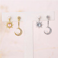 wholesale Metal material, asymmetrical star and moon pearl earrings with topaz and rose quartz, Korean style versatile ear accessories-0-1