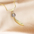 wholesale 9K Gold VA Light Ethnic Style Stretched Labradorite Feather Smile Necklace Collarbone Chain Women, Versatile Fashion Sweater Chain-0-1