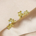 wholesale 9K Gold Leaf Natural Freshwater Pearl Earrings, Lucky Four-Leaf Clover Stud Earrings-0-3