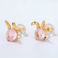 wholesale 925 Silver Plated 9K Gold Adorable Korean-style Little Rabbit Natural Rose Quartz Stud Earrings for Students and Influencers Wholesale Colored Gemstone Jewelry-0-1