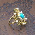 wholesale 9K Gold Vintage Openwork Palace Style Natural Turquoise Pearl Ring for Women-0-1