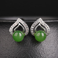 wholesale 925 sterling silver inlaid with green round jade beads, New Chinese retro-style Hetian jade earrings with certificate-Jasper beads 6*6mm>925 silver